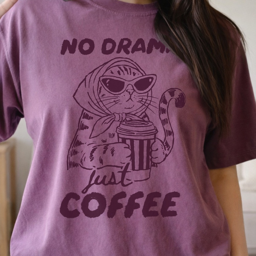 No Drama Just Coffee Cat Graphic Tee Humorous Line Art Design